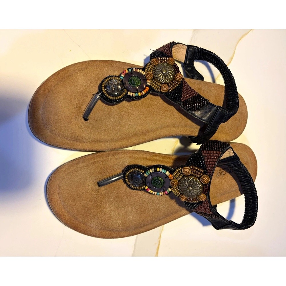 Claudia Brown/Black Beaded Thong Sandals Elastic Strap Women's US 8 EU 39 UK 6